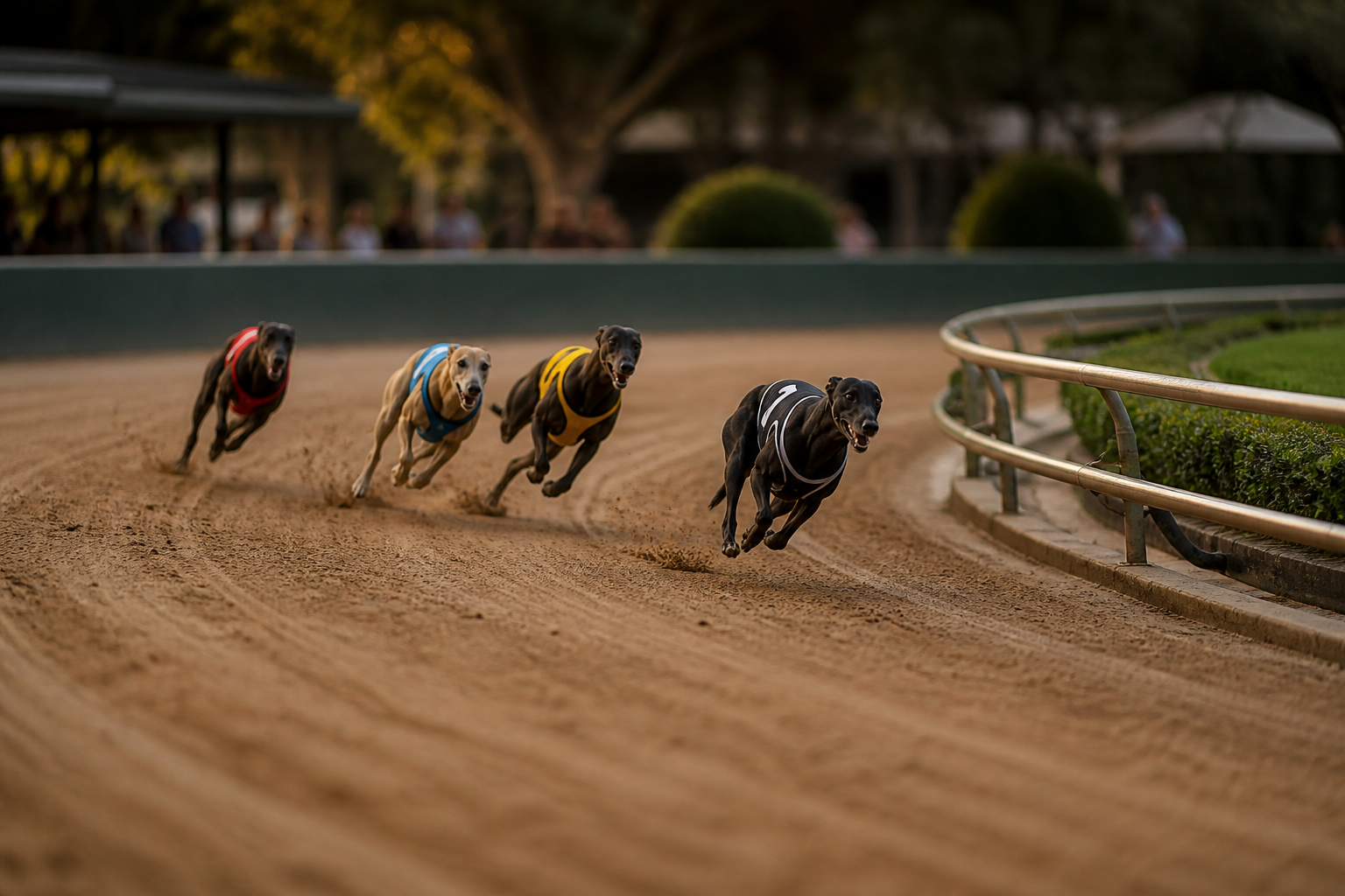 Greyhounds accelerating around the first bend