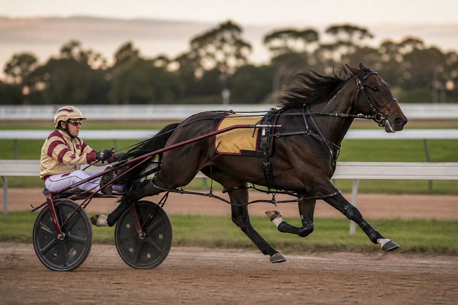 A harness racing pacer, sulky and driver at speed