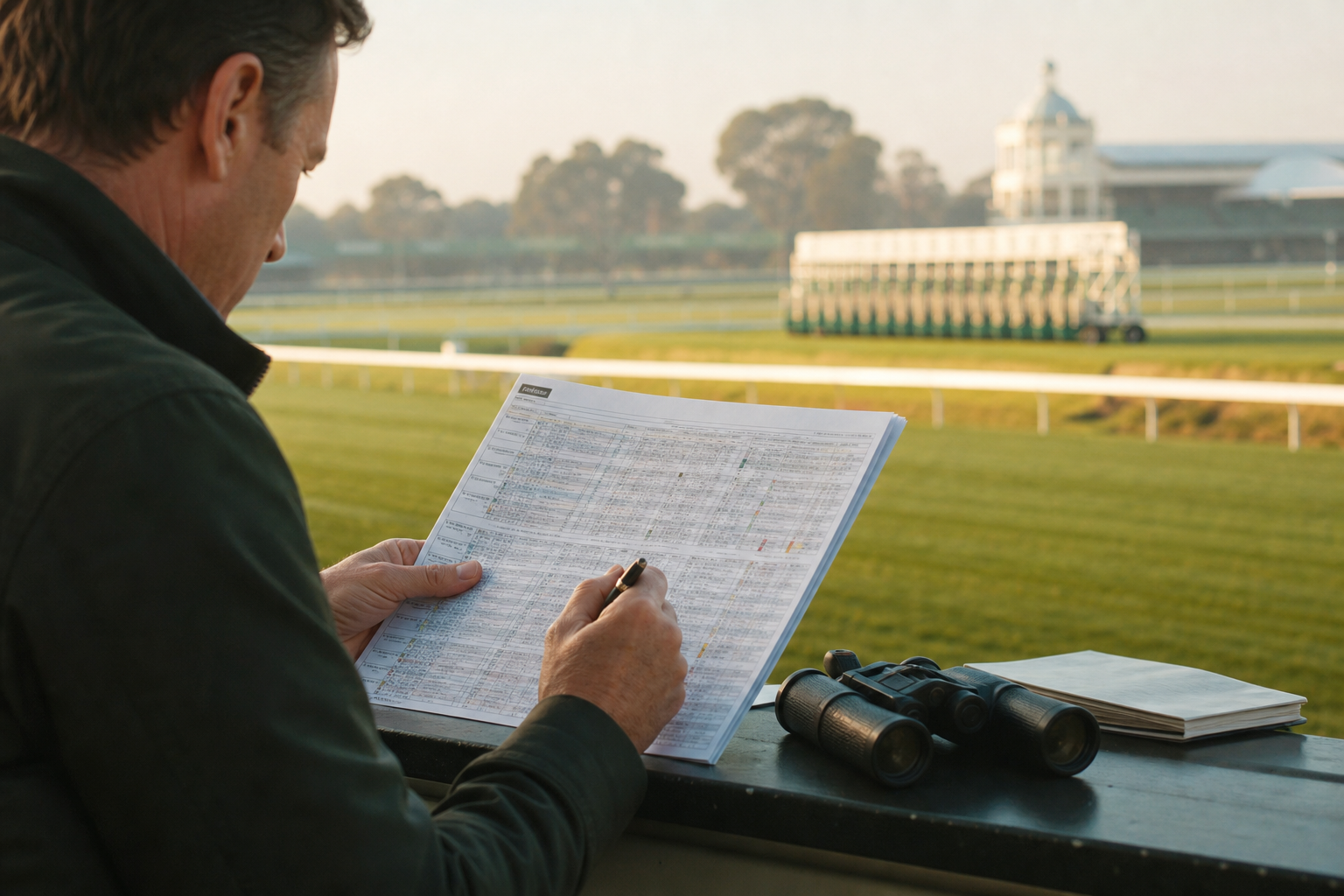 A race analyst studying form beside the track