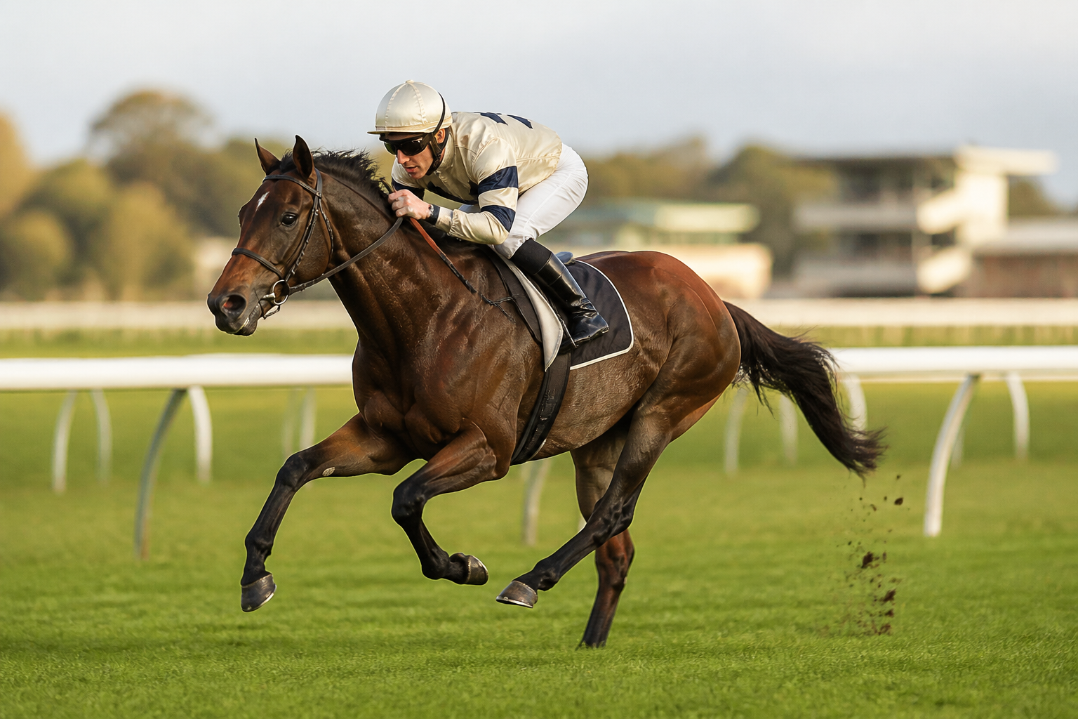 A thoroughbred and jockey galloping on turf